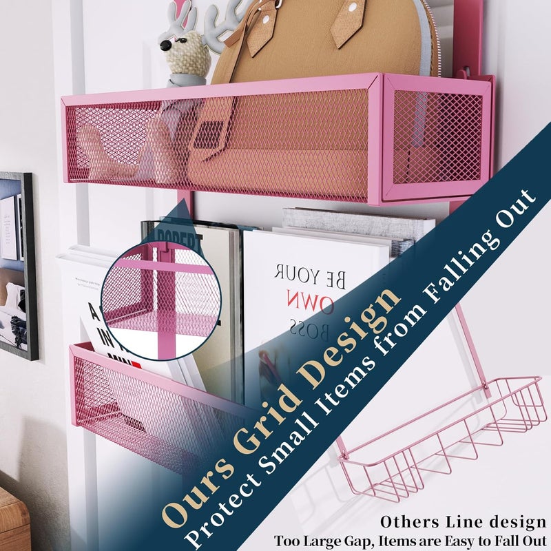 Consumest Over The Door Hooks Organizer - Extra Long Door Hanger with 9 Coat Hooks & 2 Mesh Basket, Back Storage Organizer Hanging Towels for Bathroom, Bedroom - Pink (for 1.76 in Doors) - Image 2